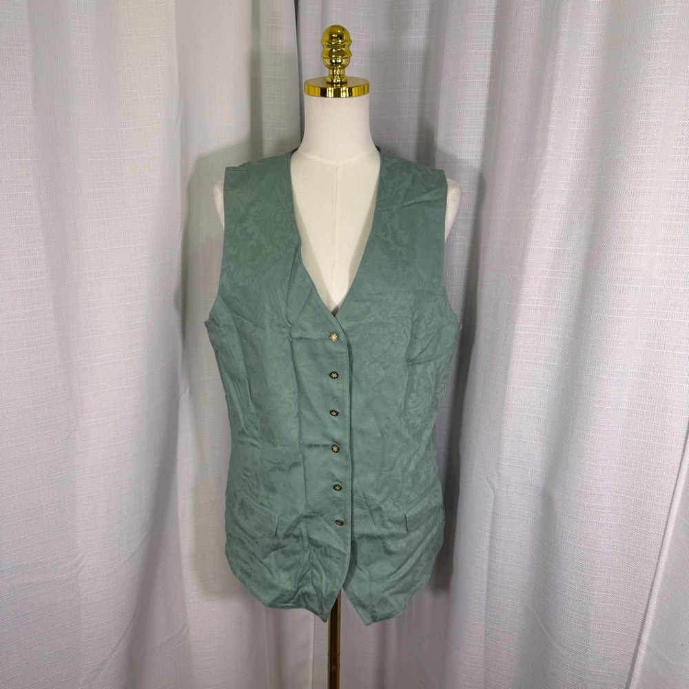 NEW VTG Gap Jacquard Vest Women Large Green Floral Button Front Waistcoat *FLAW*